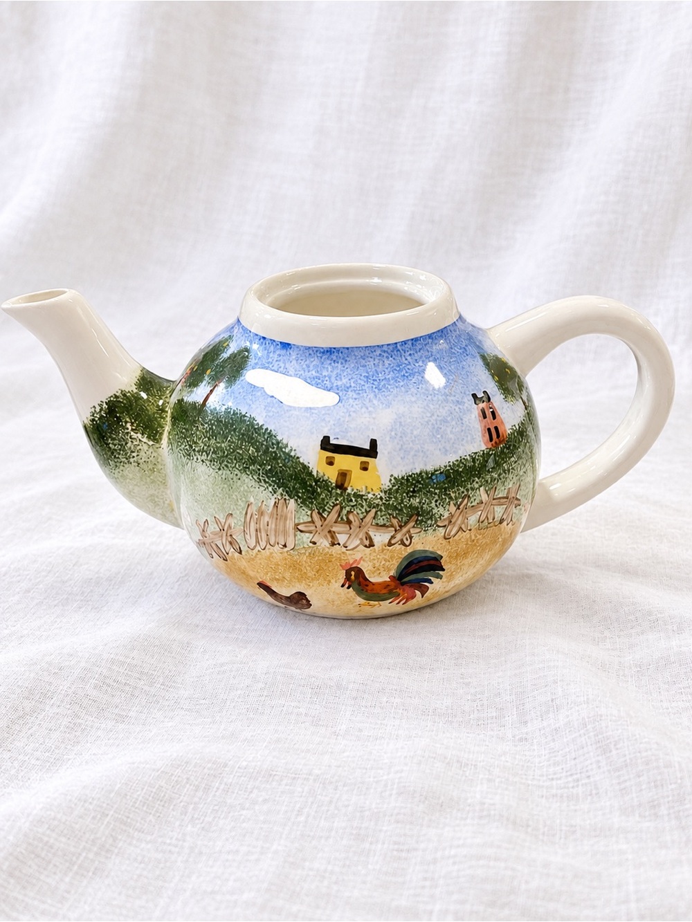 Vintage Hand Painted Ceramic Teapot Country Cottage Farmhouse No Lid